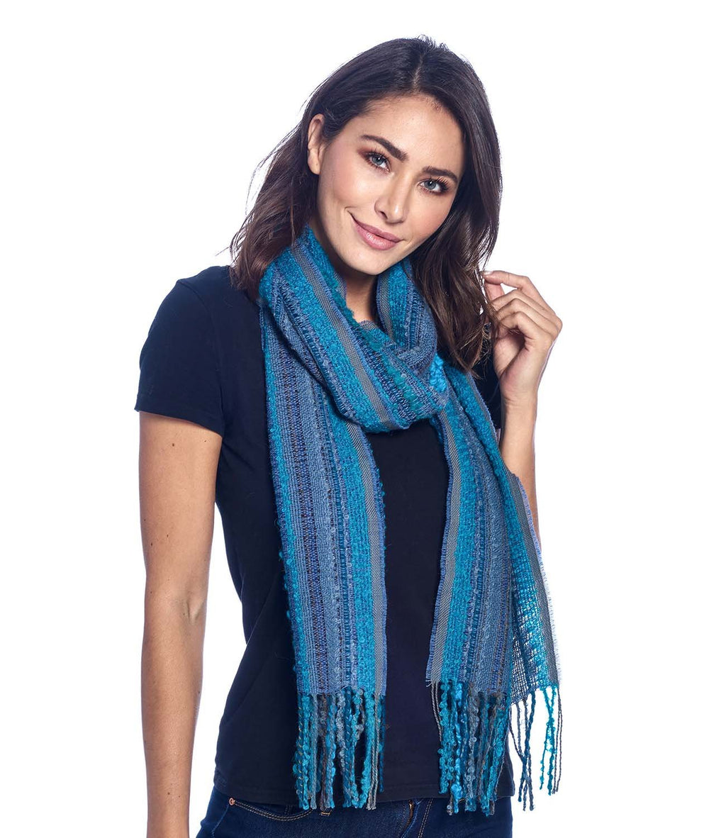 Capri Blue alpaca scarf with teal and marine blue bouclé, Shupaca