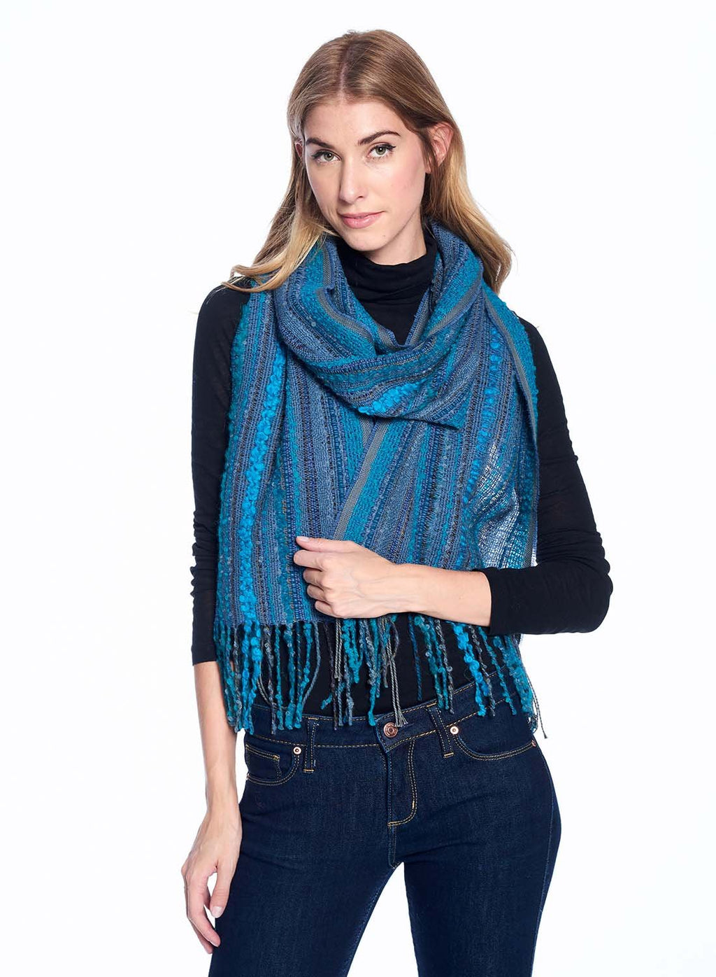 Capri Blue alpaca scarf with teal and marine blue bouclé, Shupaca