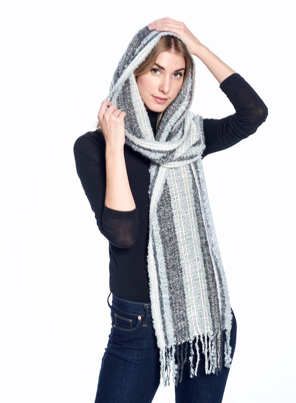 Charcoal alpaca scarf in Monochrome with pearl grey and black bouclé, Shupaca
