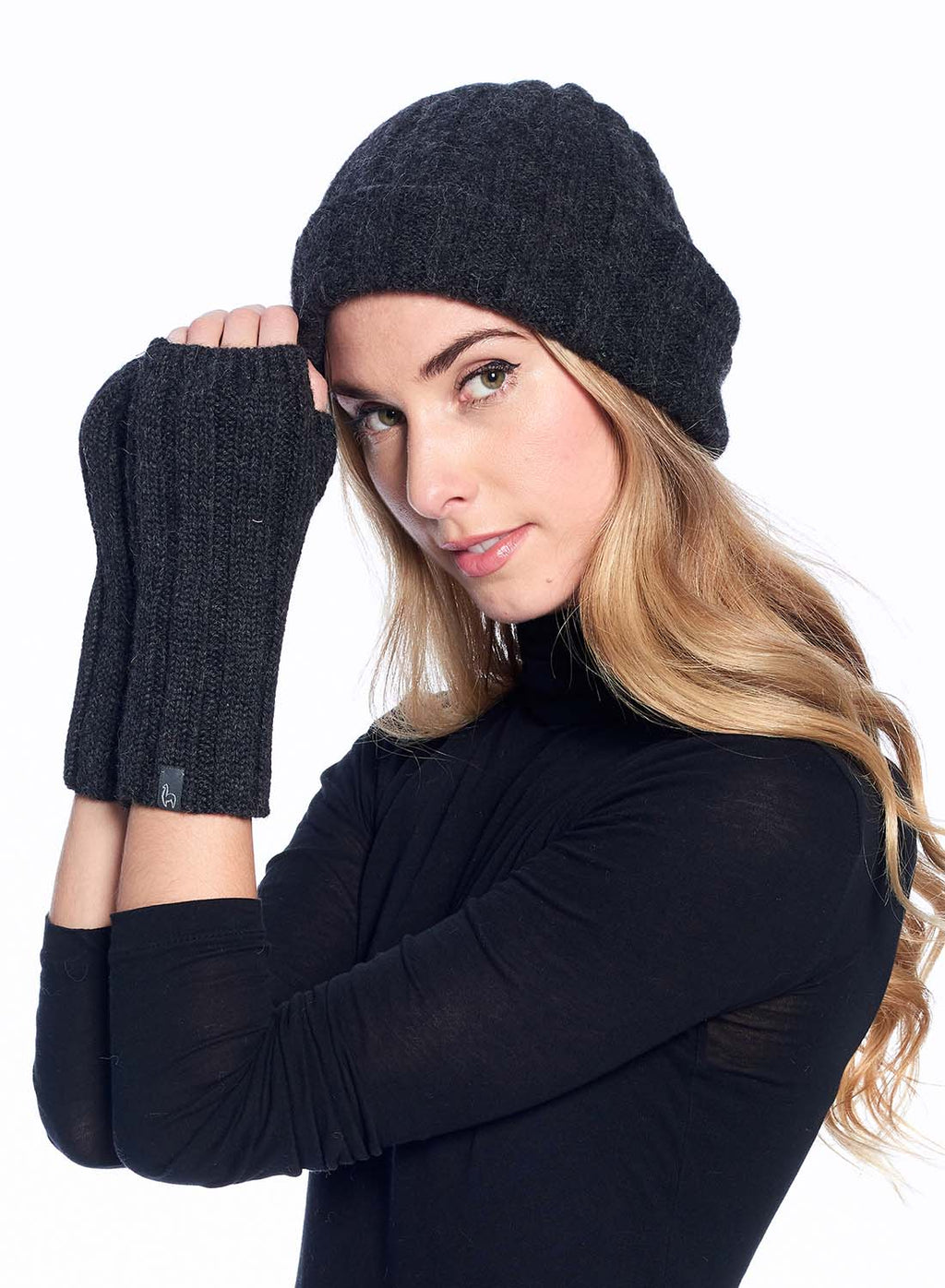 Carbon alpaca fingerless gloves in dark coal, Shupaca