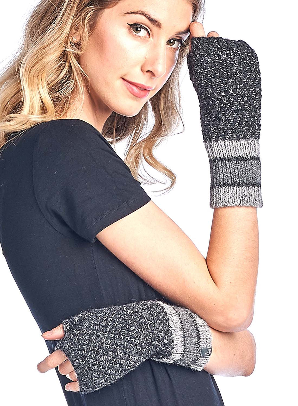 Black alpaca fingerless gloves in Onyx monochrome, Shupaca