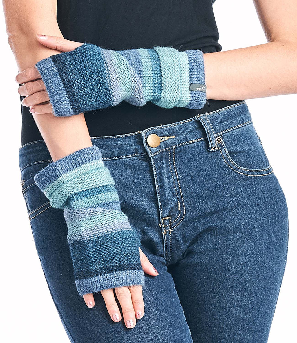 Sky Blue alpaca gloves in Azul with deep navy stripes, Shupaca
