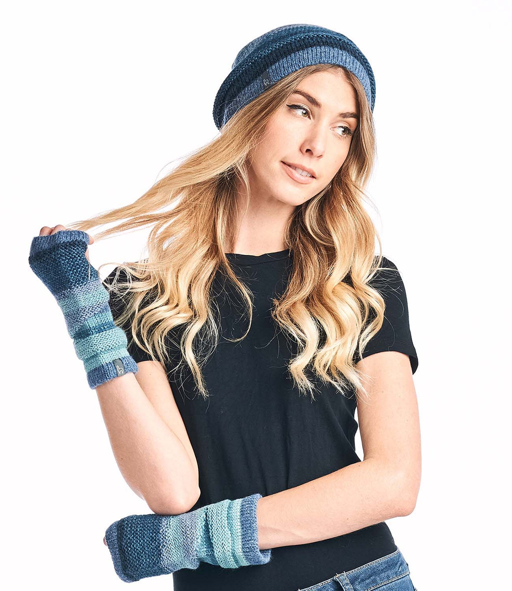 Sky Blue alpaca gloves in Azul with deep navy stripes, Shupaca