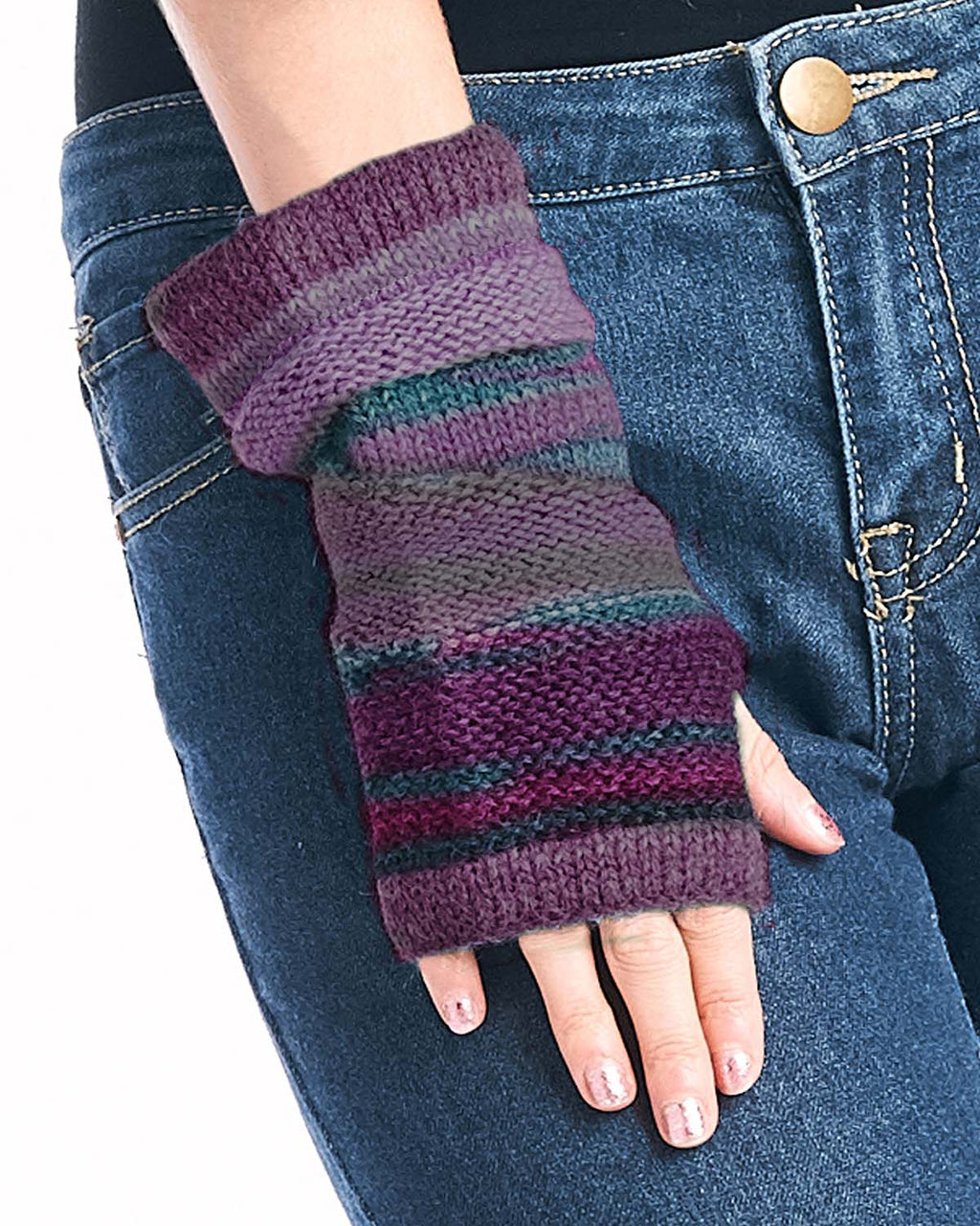 Plum alpaca gloves in Fig with teal stripes, Shupaca