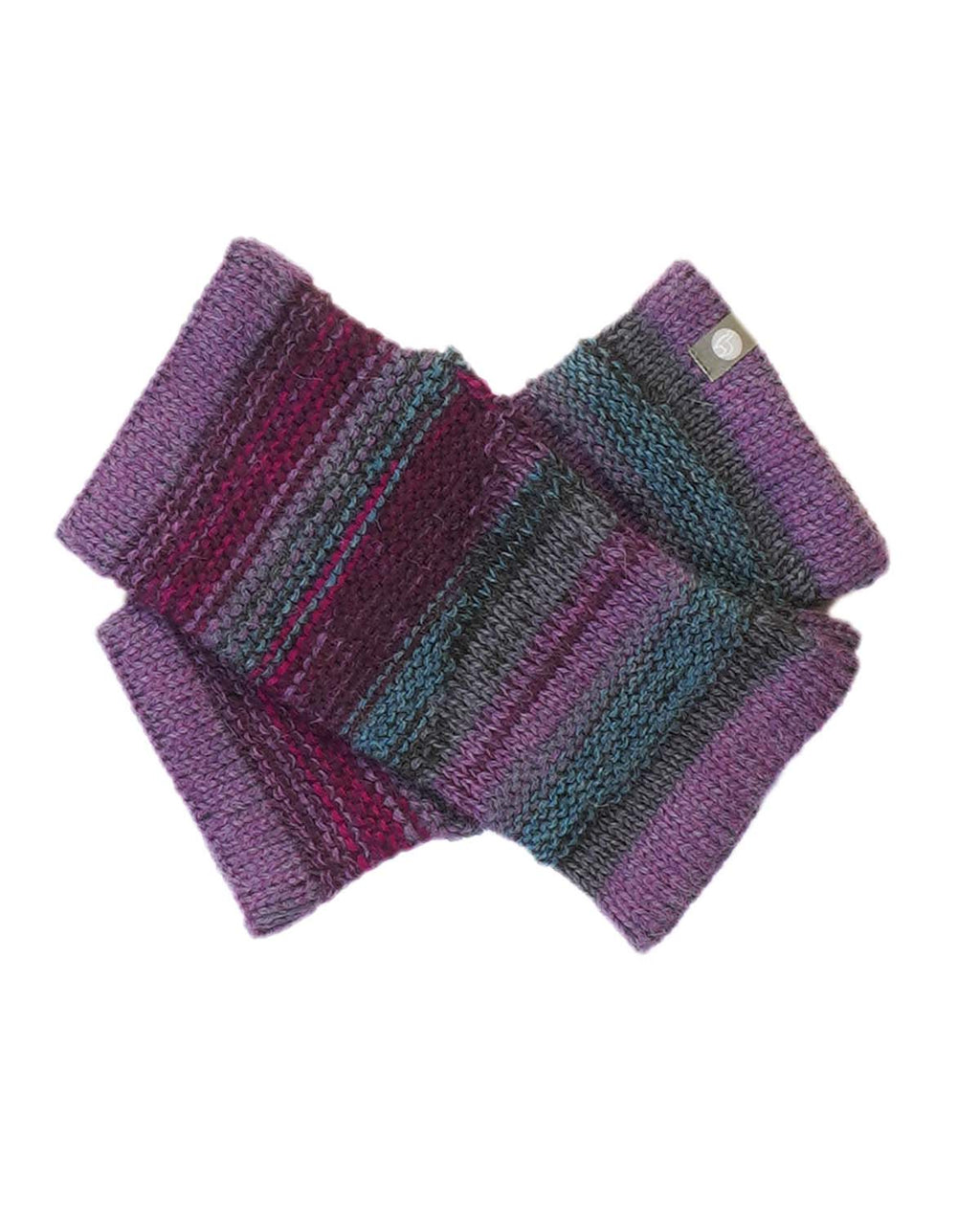 Plum alpaca gloves in Fig with teal stripes, Shupaca