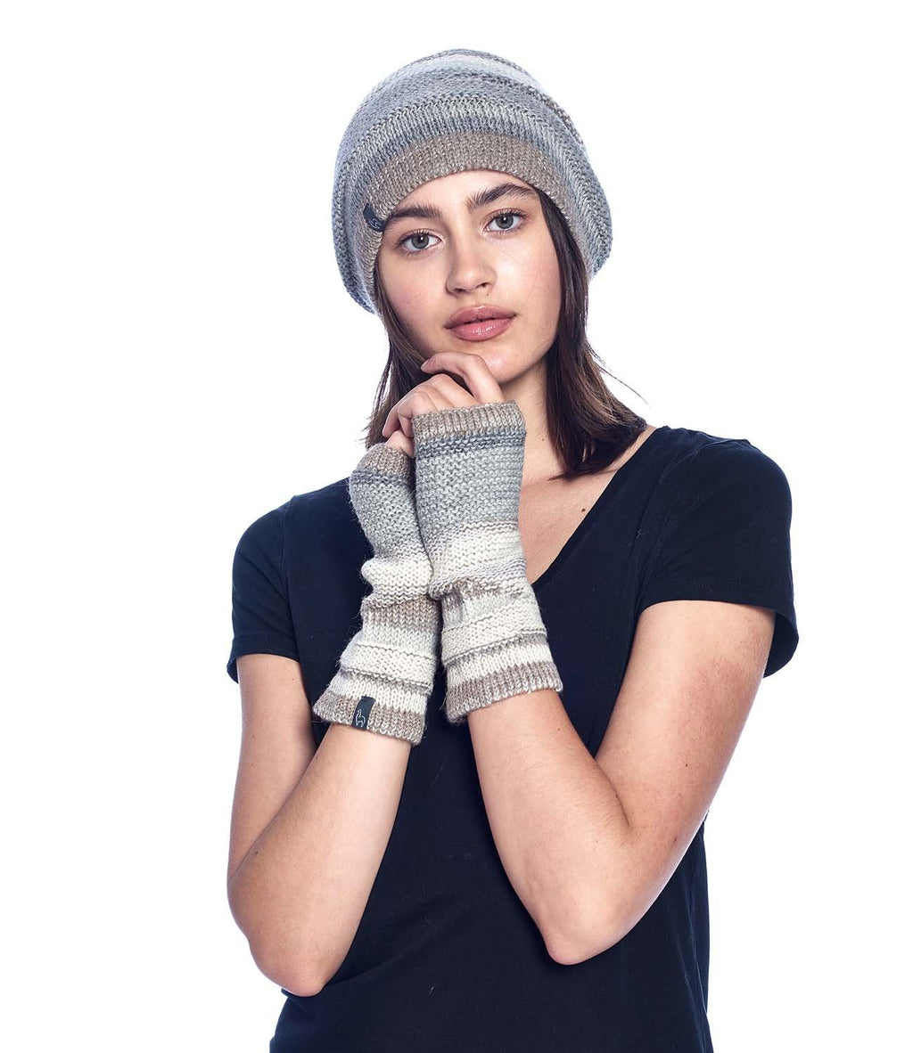Ivory alpaca gloves with stone grey stripes, Shupaca