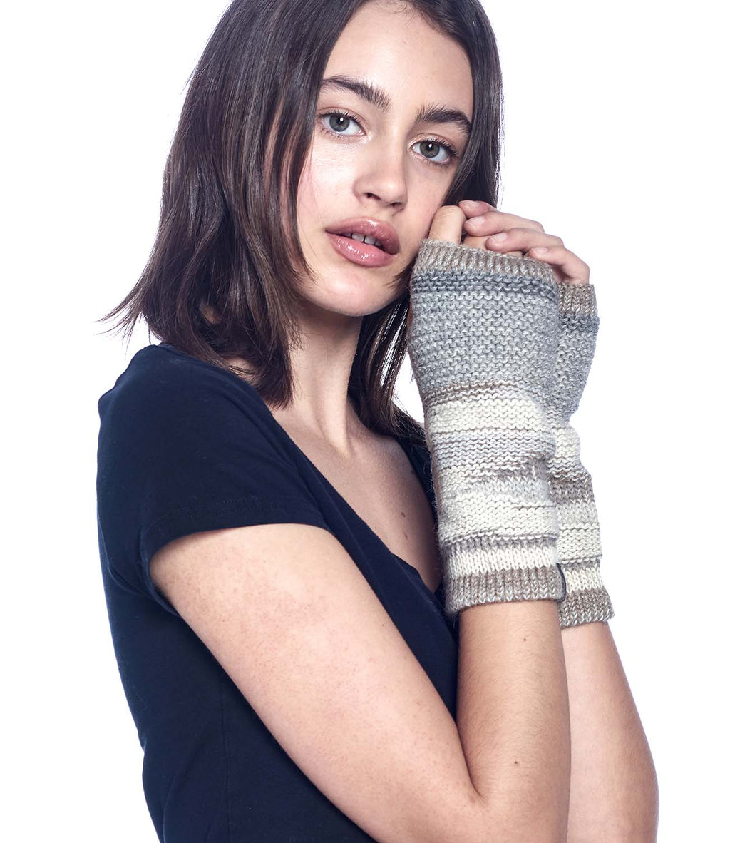 Ivory alpaca gloves with stone grey stripes, Shupaca