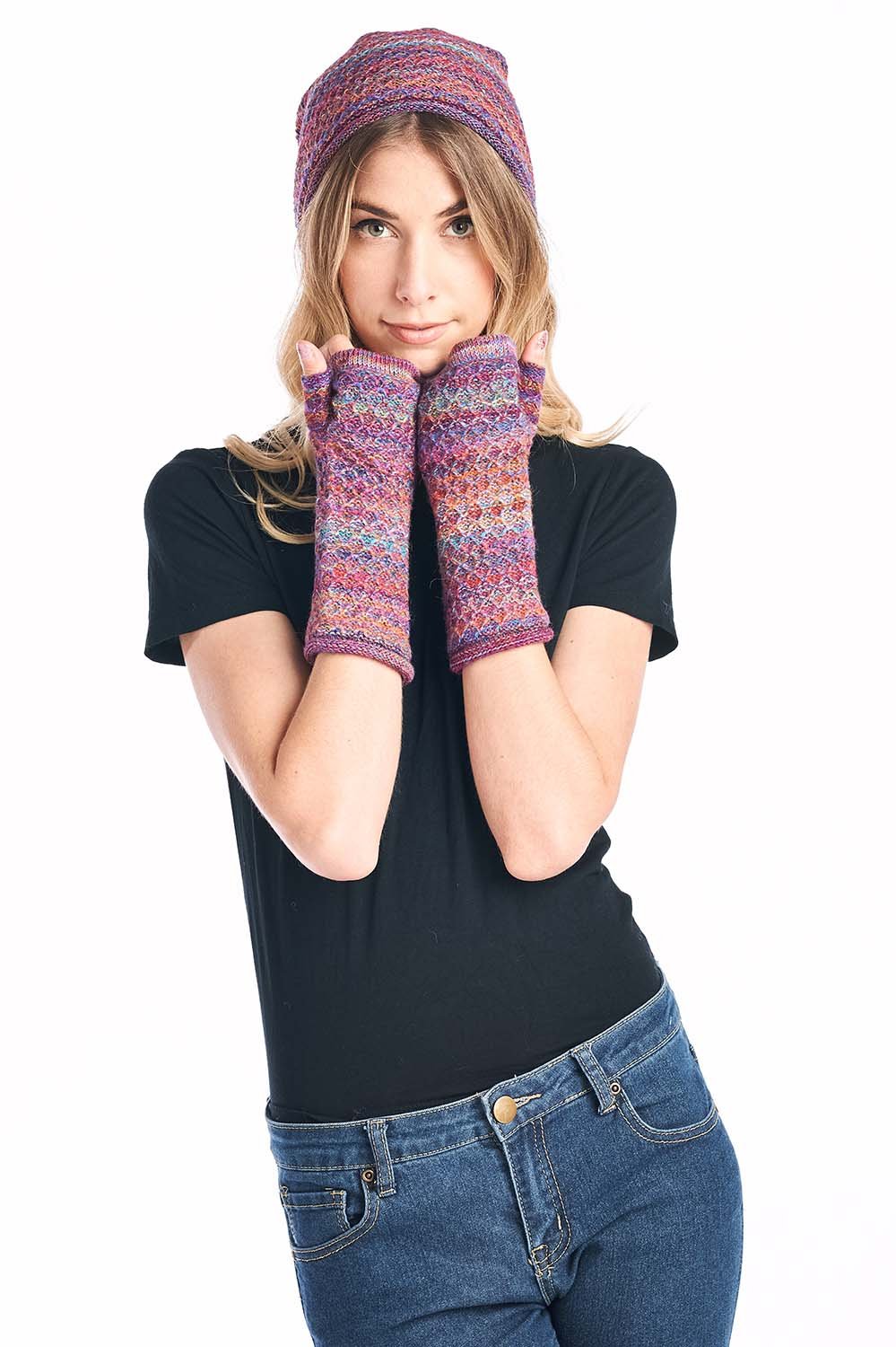 Lavender alpaca gloves in Mosaic with magenta and indigo swirl, Shupaca