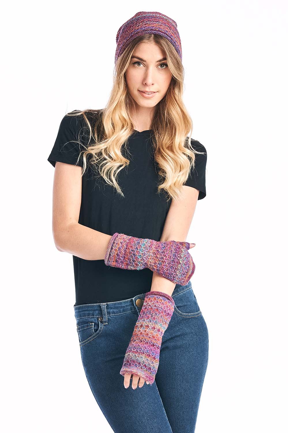 Lavender alpaca gloves in Mosaic with magenta and indigo swirl, Shupaca