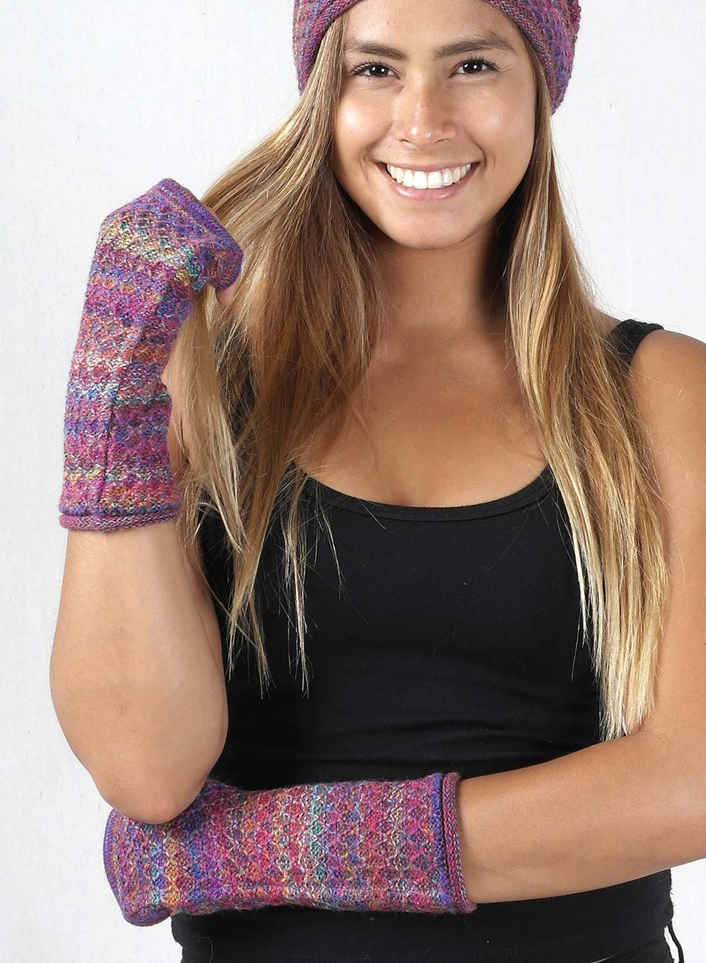 Lavender alpaca gloves in Mosaic with magenta and indigo swirl, Shupaca