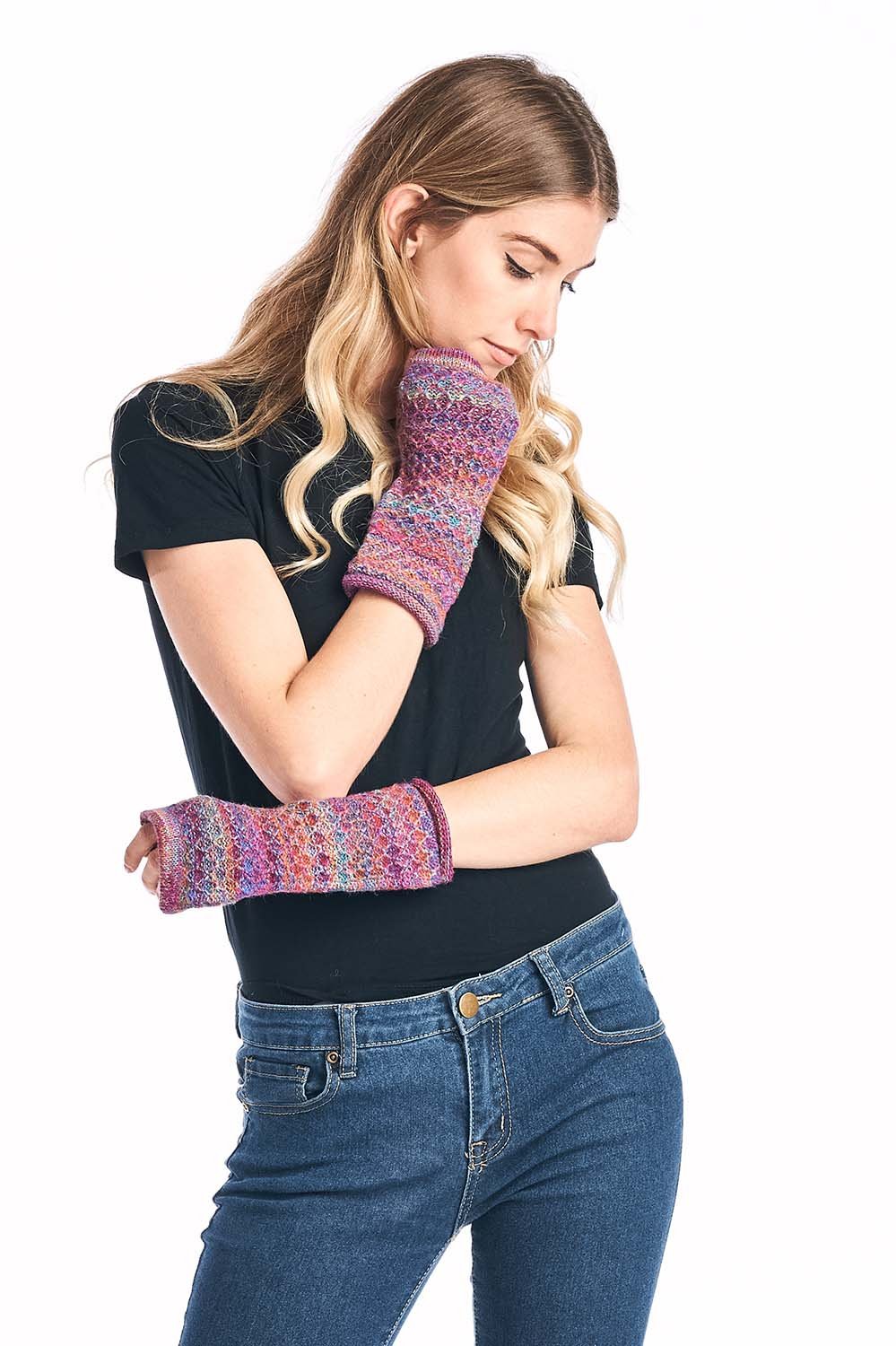 Lavender alpaca gloves in Mosaic with magenta and indigo swirl, Shupaca