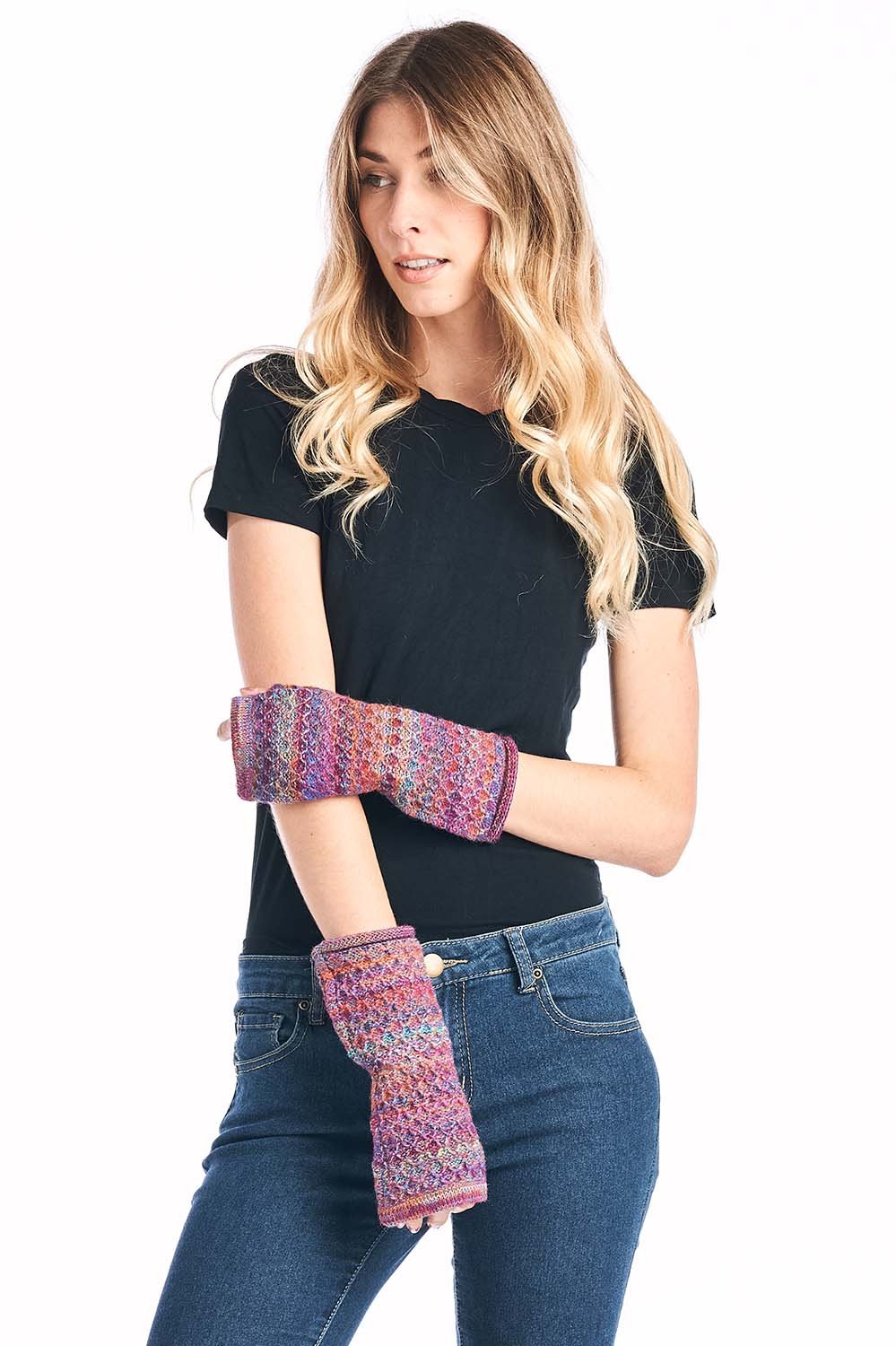 Lavender alpaca gloves in Mosaic with magenta and indigo swirl, Shupaca