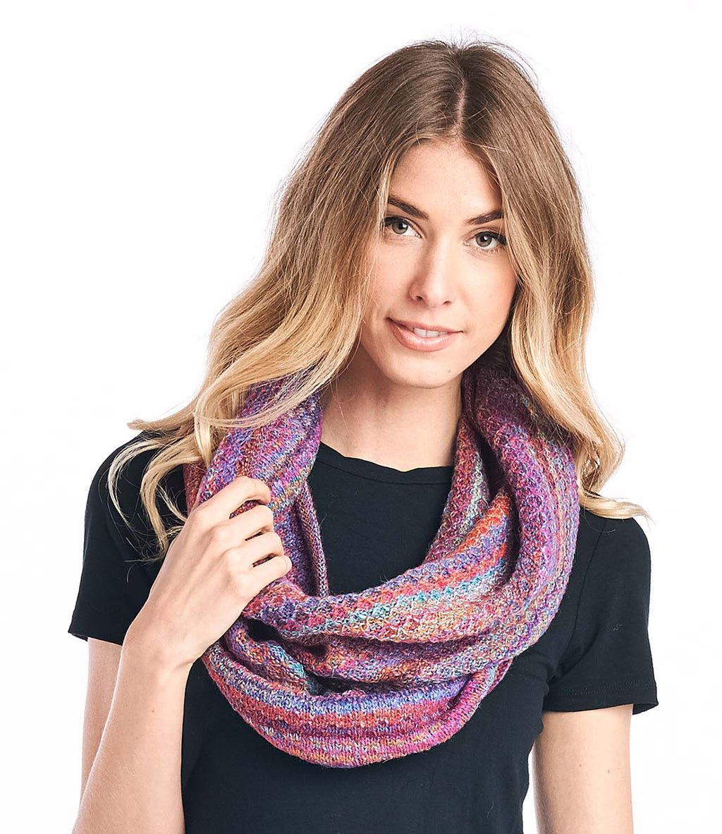 Violet alpaca infinity scarf in Mosaic with fuchsia and turquoise accents, Shupaca