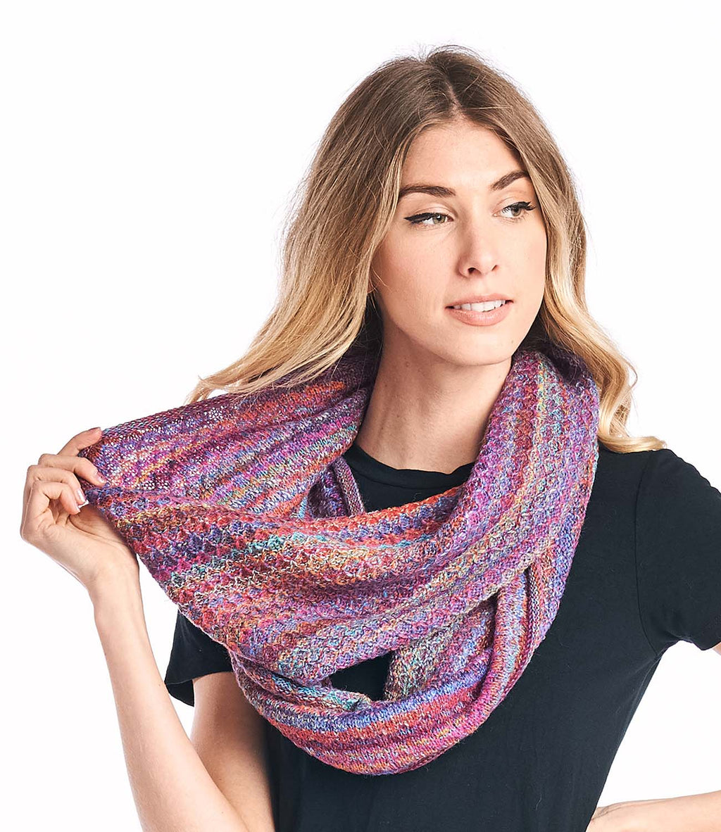 Violet alpaca infinity scarf in Mosaic with fuchsia and turquoise accents, Shupaca