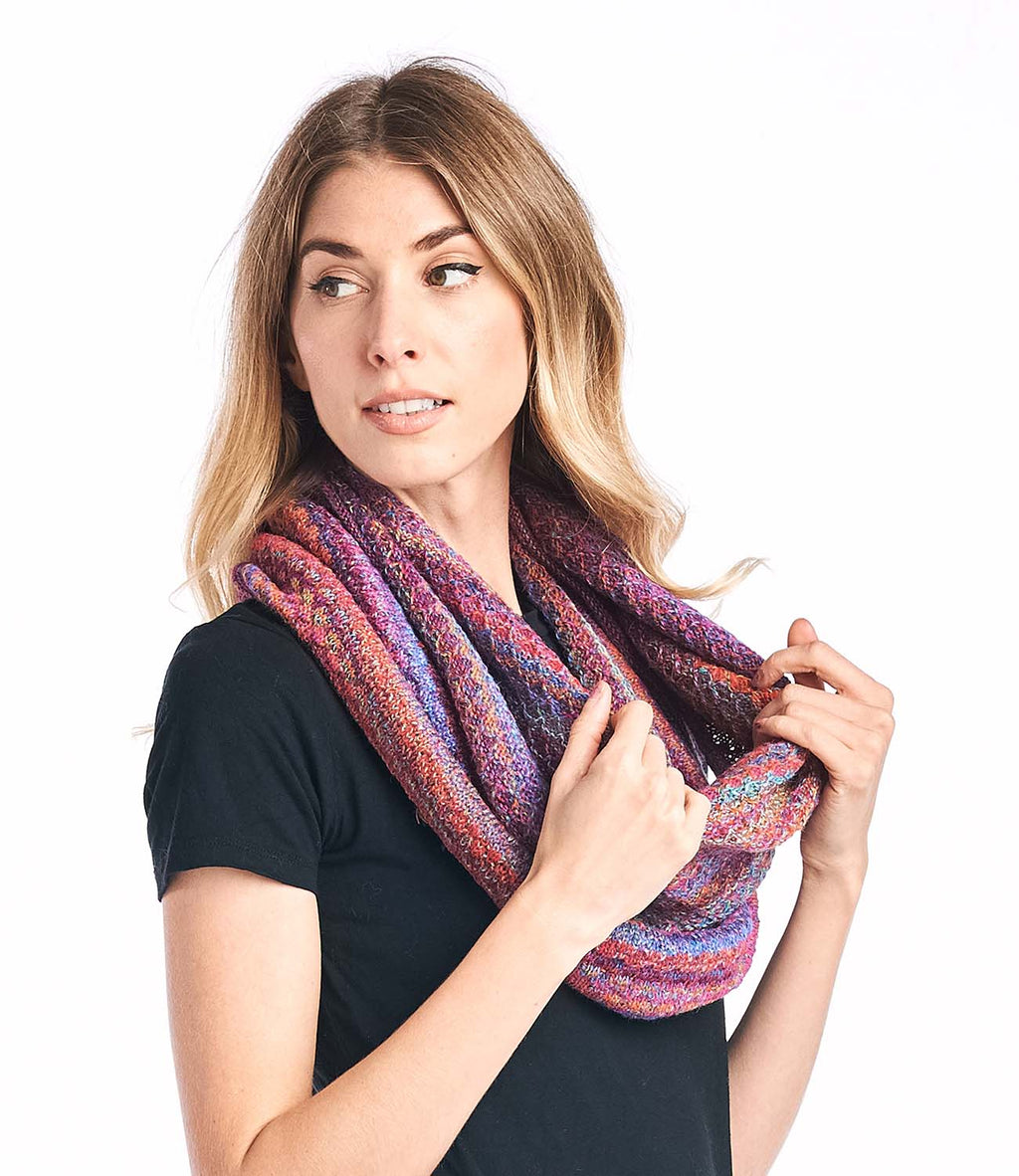 Violet alpaca infinity scarf in Mosaic with fuchsia and turquoise accents, Shupaca