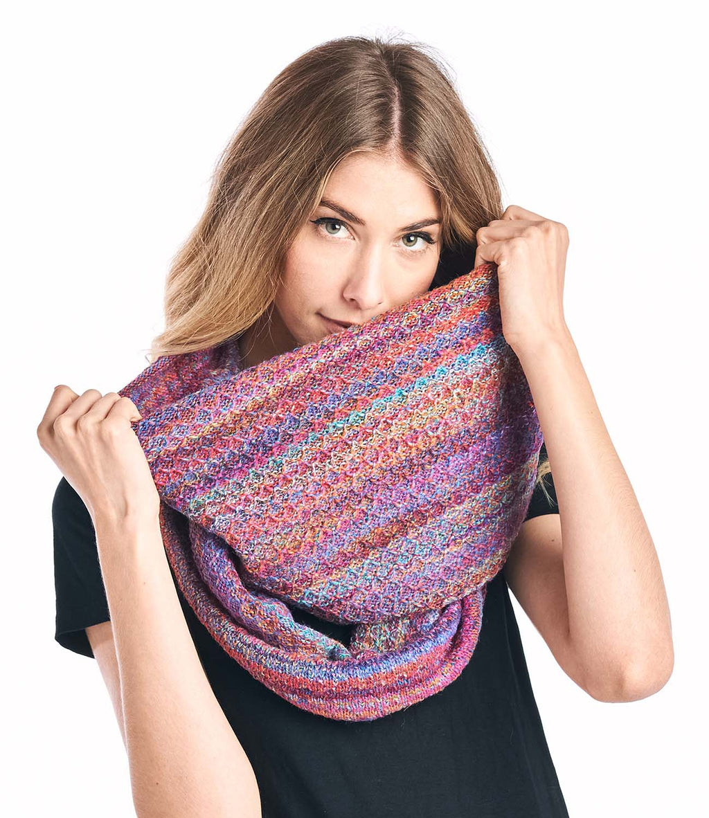 Violet alpaca infinity scarf in Mosaic with fuchsia and turquoise accents, Shupaca