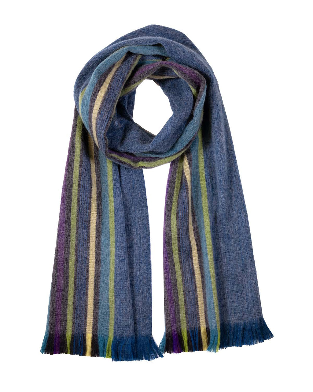 Blue Bird alpaca scarf with sky blue base and colorful stripes, Shupaca