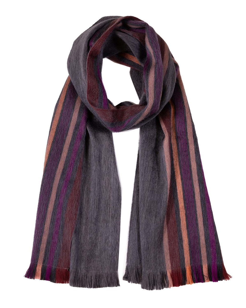 Charcoal alpaca scarf in Night Horizon with plum and rust stripes, Shupaca