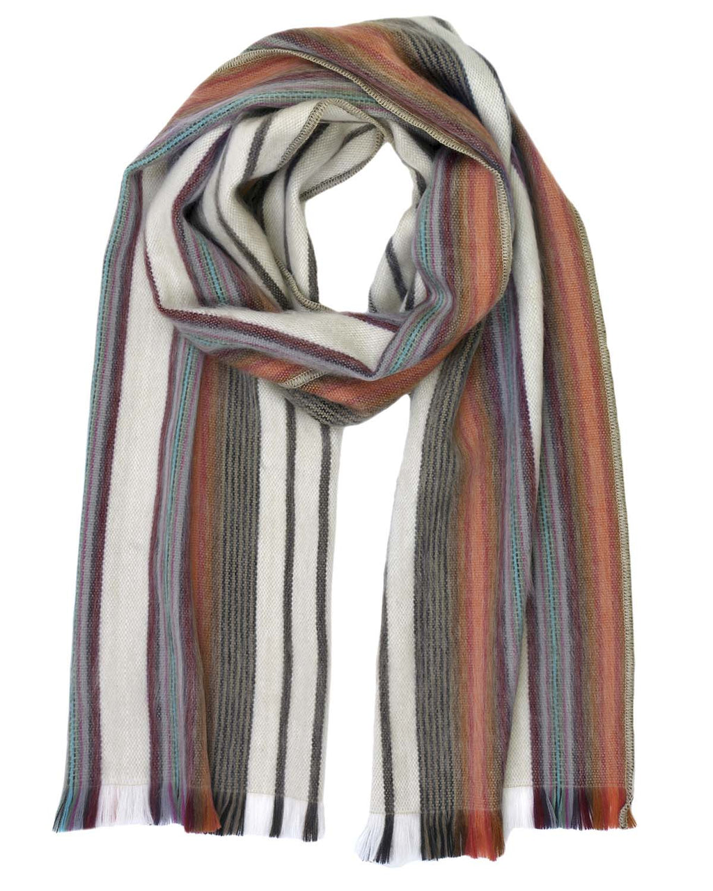 Sage alpaca scarf in Oasis with teal and sand stripes, Shupaca