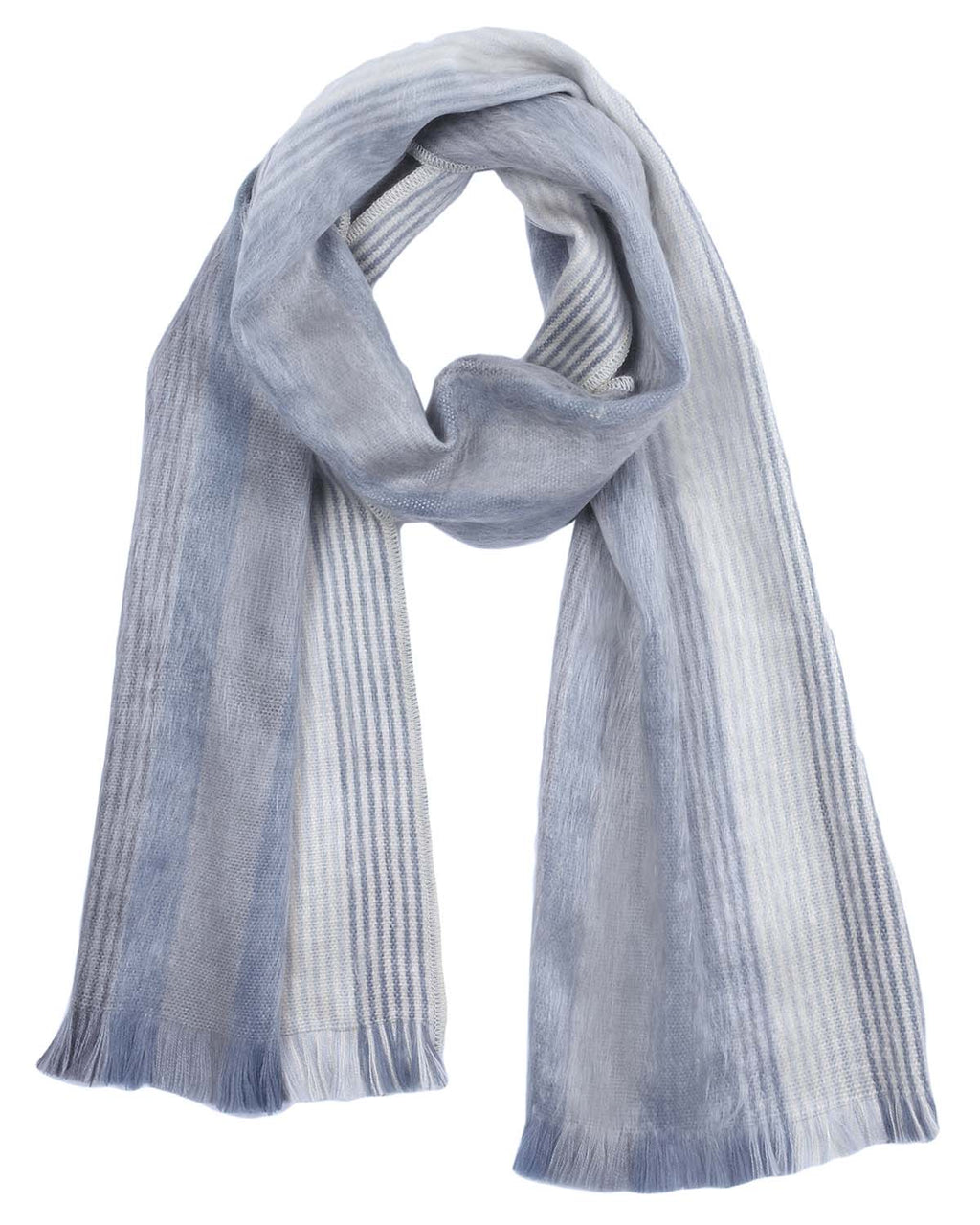Grey alpaca scarf in Polar Drift with powder blue and snow white gradient, Shupaca