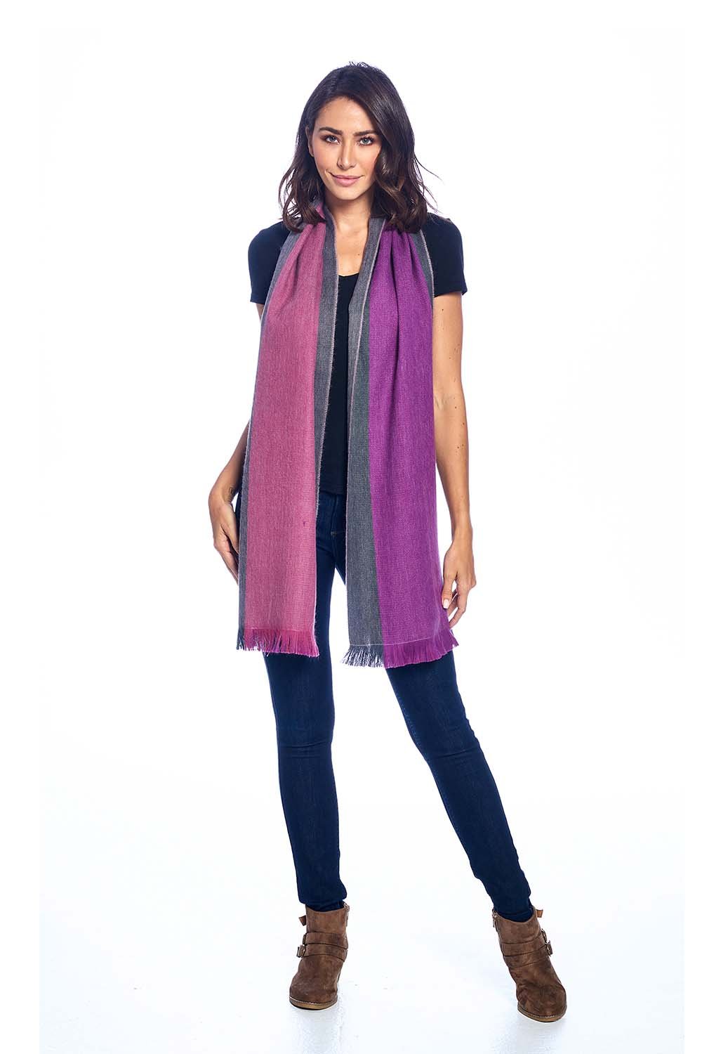 Fuchsia alpaca reversible scarf in Wild Aster with plum and graphite sides, Shupaca