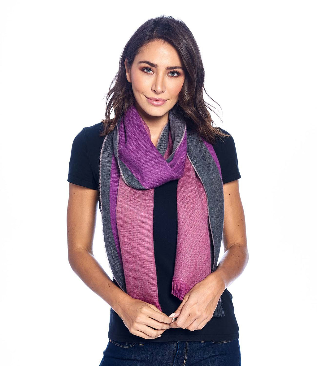 Fuchsia alpaca reversible scarf in Wild Aster with plum and graphite sides, Shupaca