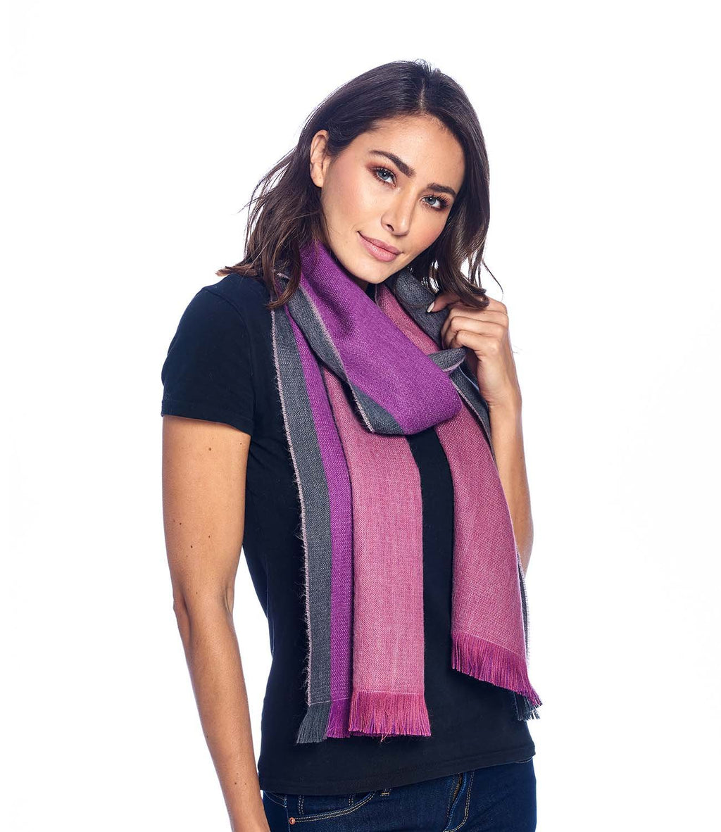 Fuchsia alpaca reversible scarf in Wild Aster with plum and graphite sides, Shupaca