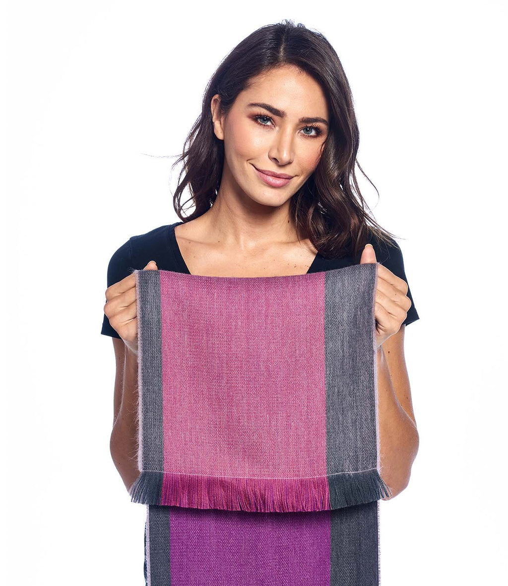 Fuchsia alpaca reversible scarf in Wild Aster with plum and graphite sides, Shupaca