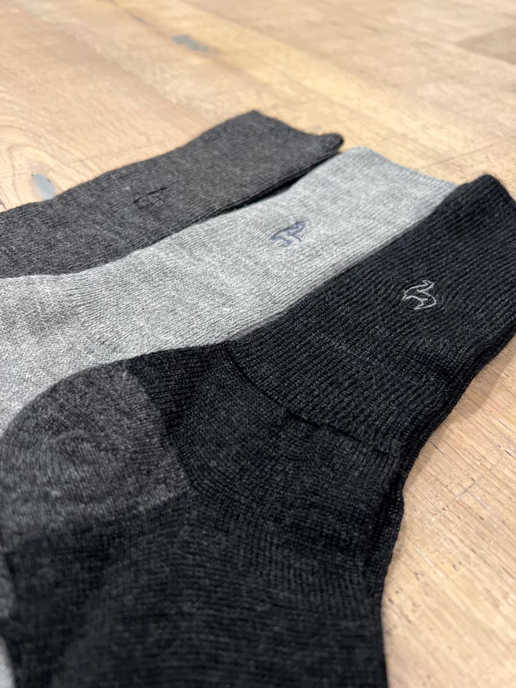 Silver alpaca business socks in Smoke with navy heel, Shupaca
