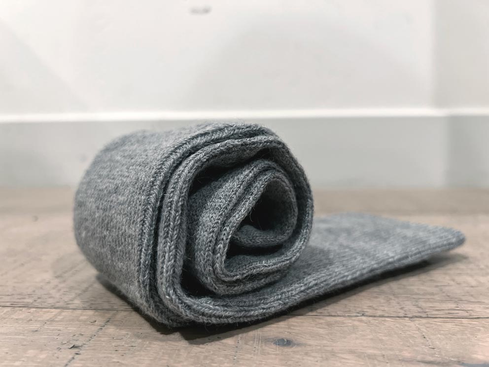 Silver alpaca business socks in Smoke with navy heel, Shupaca