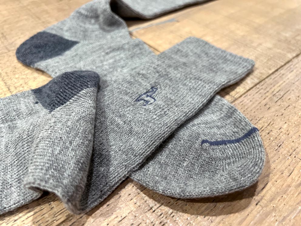 Silver alpaca business socks in Smoke with navy heel, Shupaca