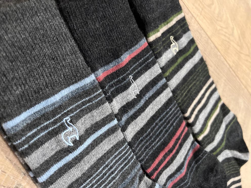Deep Navy alpaca socks in Azul with graphite and sky-blue stripes, Shupaca