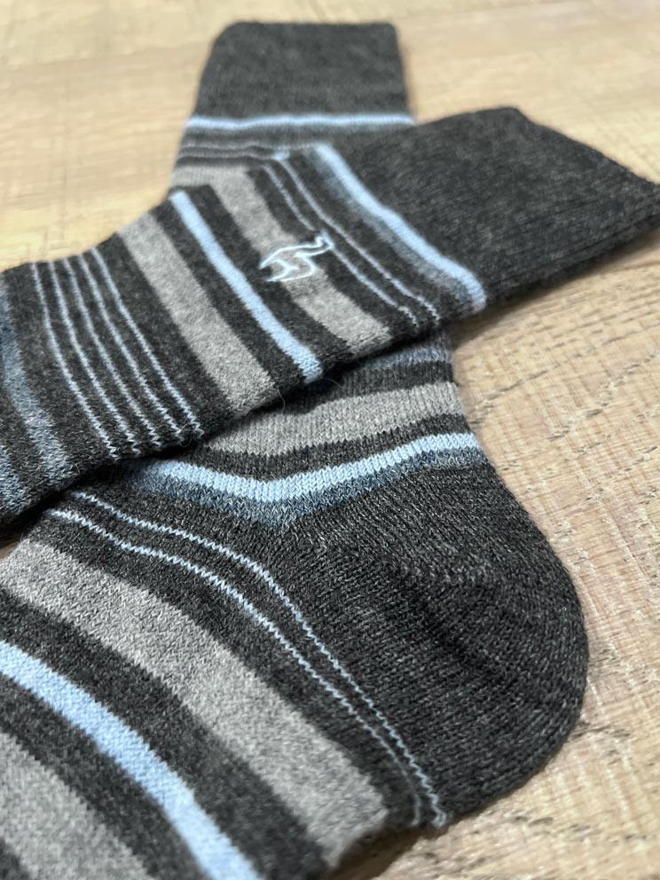 Deep Navy alpaca socks in Azul with graphite and sky-blue stripes, Shupaca