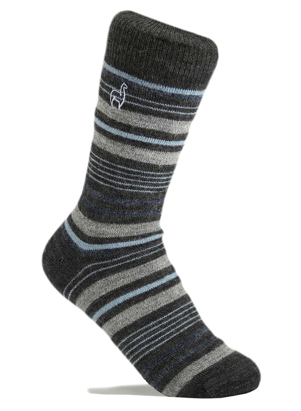 Deep Navy alpaca socks in Azul with graphite and sky-blue stripes, Shupaca