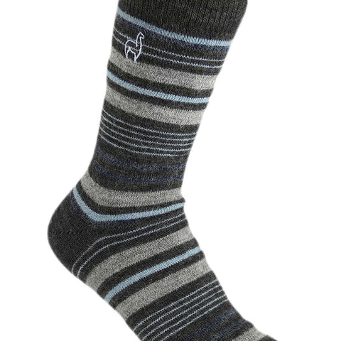 Deep Navy alpaca socks in Azul with graphite and sky-blue stripes, Shupaca