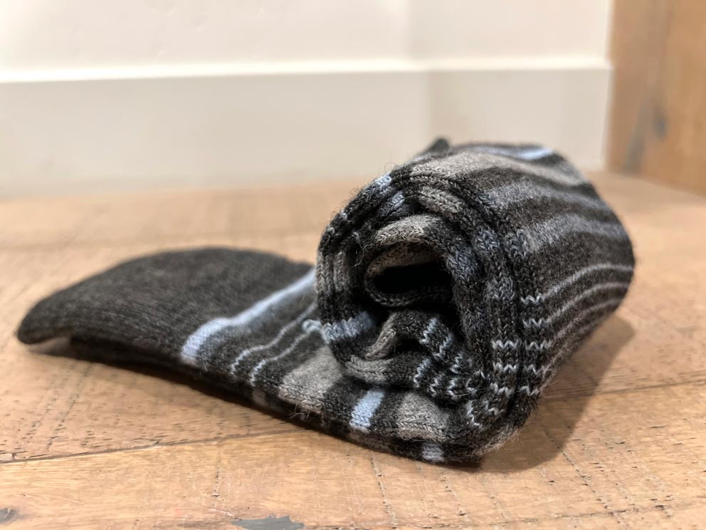 Deep Navy alpaca socks in Azul with graphite and sky-blue stripes, Shupaca