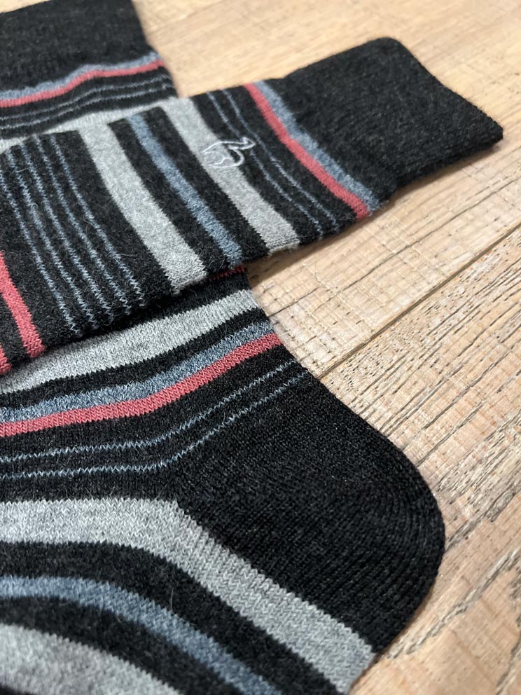 Mauve alpaca socks with dusty lilac and rose stripes, Shupaca