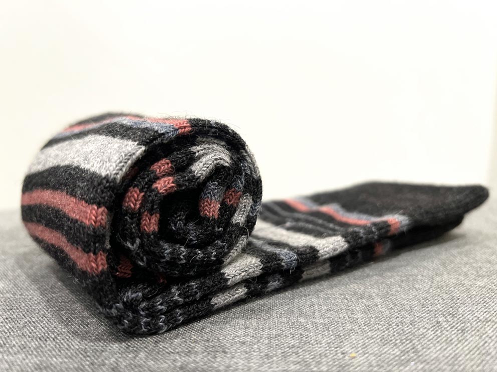 Mauve alpaca socks with dusty lilac and rose stripes, Shupaca