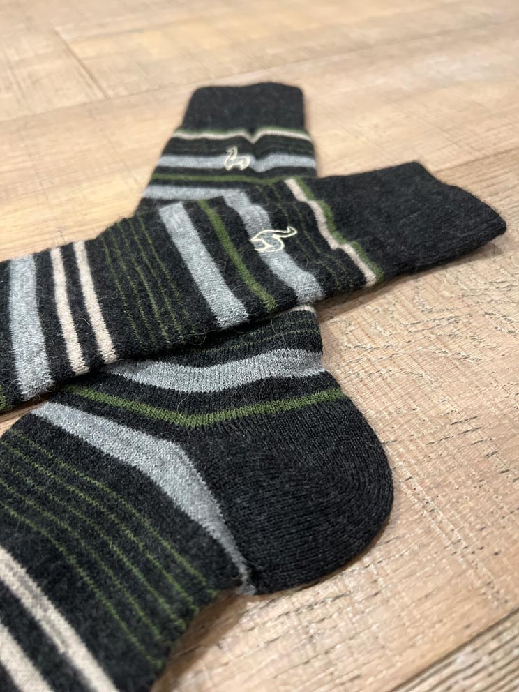 Forest alpaca socks in Moss with charcoal and cream stripes, Shupaca