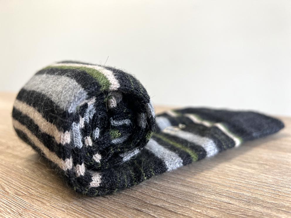 Forest alpaca socks in Moss with charcoal and cream stripes, Shupaca