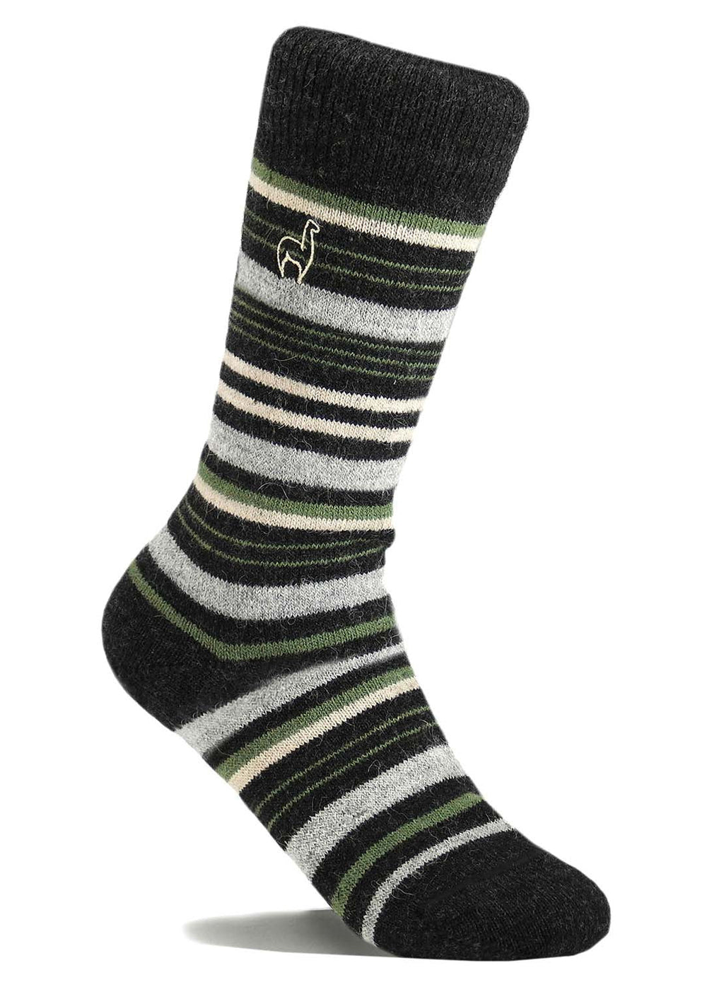 Forest alpaca socks in Moss with charcoal and cream stripes, Shupaca