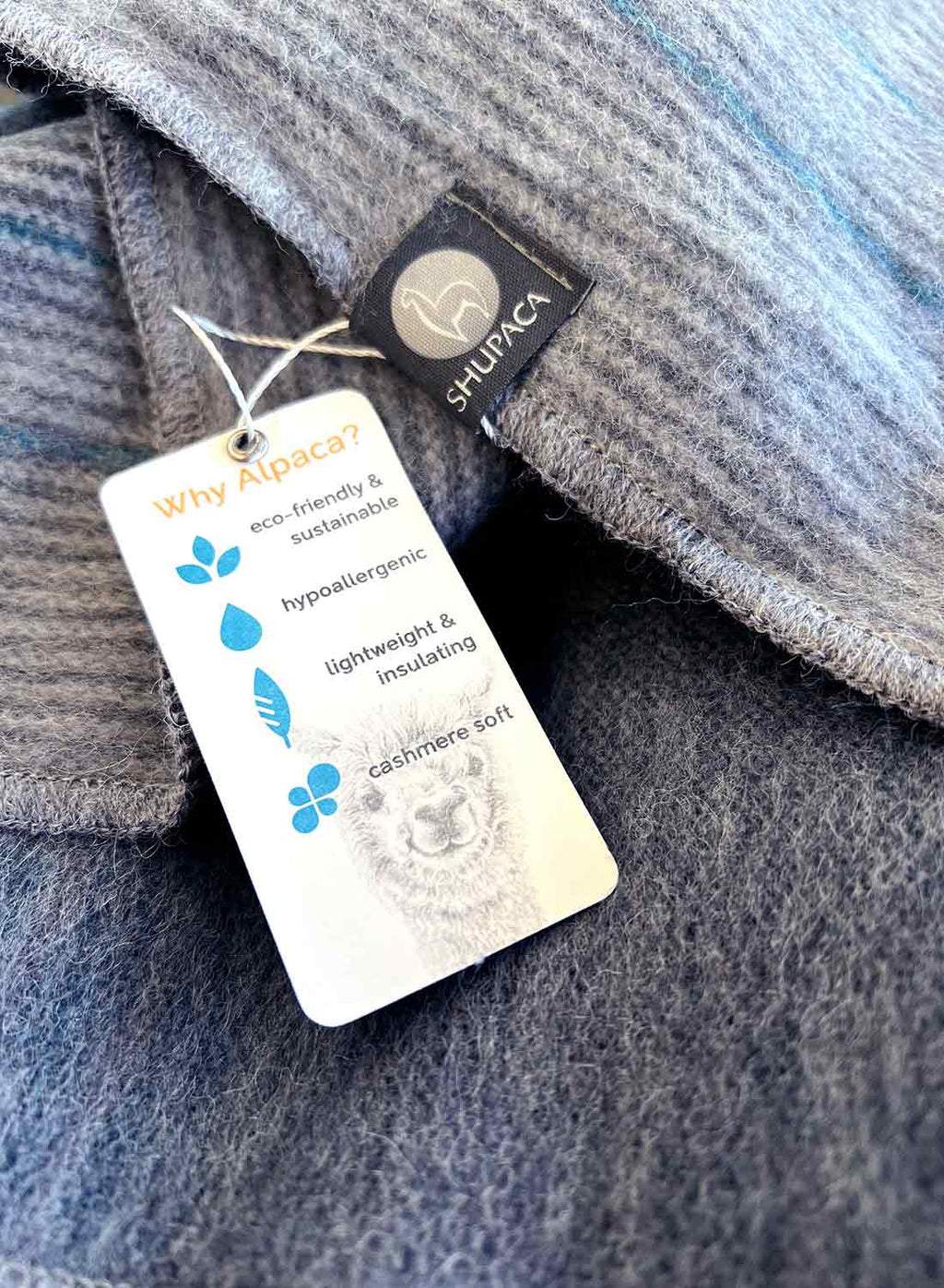 Sky Blue alpaca throw blanket in Calypso with denim and grey stripes, Shupaca