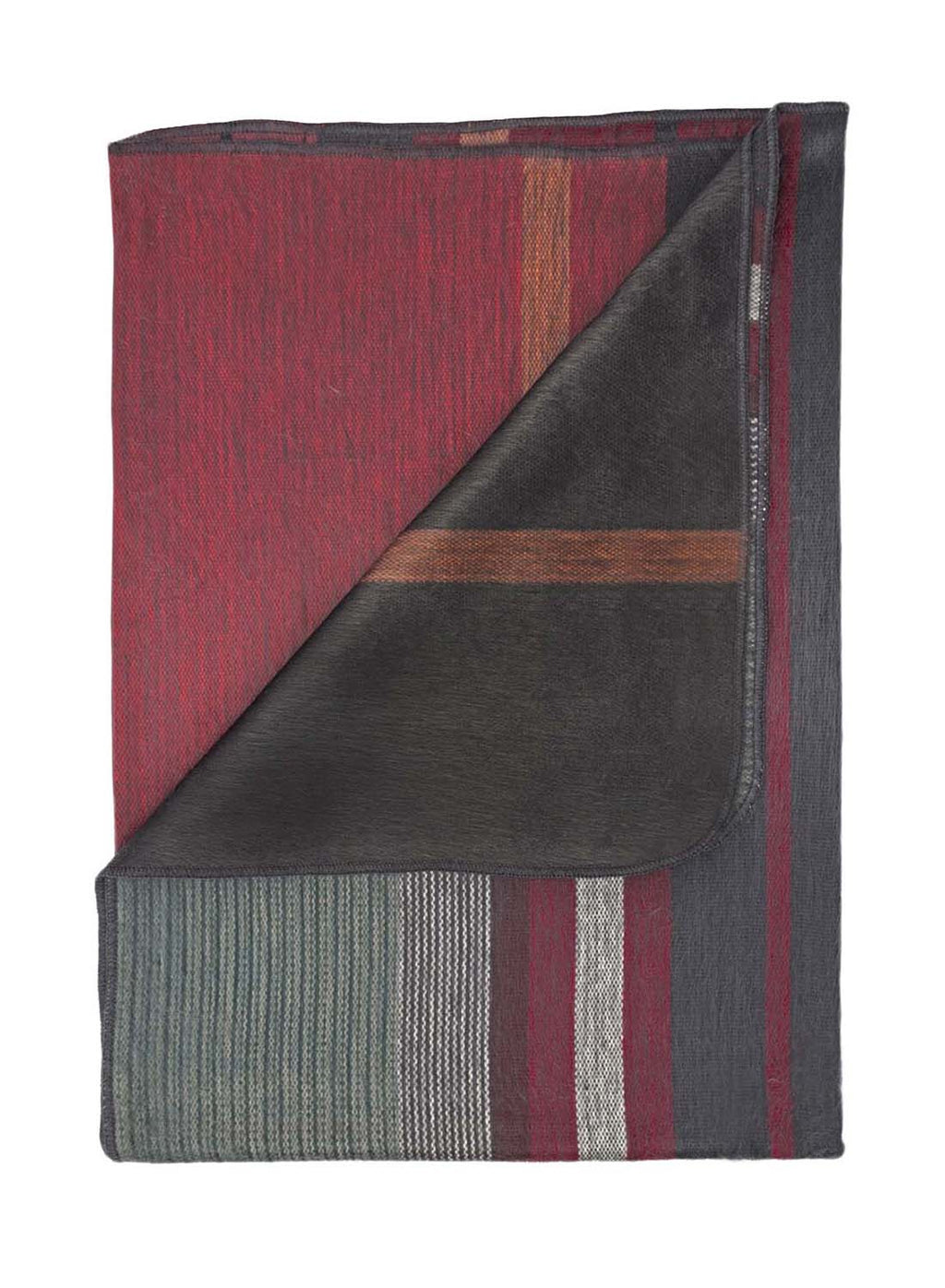 Red alpaca throw blanket in Dragon Fruit with charcoal and copper stripes, Shupaca