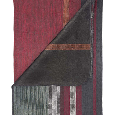 Red alpaca throw blanket in Dragon Fruit with charcoal and copper stripes, Shupaca