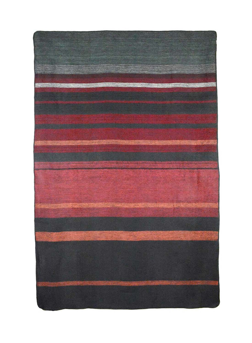 Red alpaca throw blanket in Dragon Fruit with charcoal and copper stripes, Shupaca