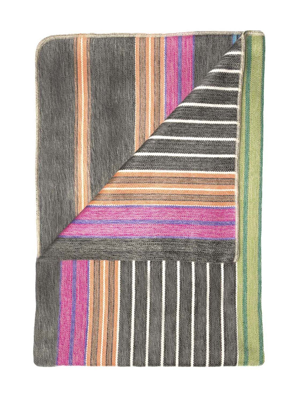 Fireworks alpaca throw blanket with pink, orange, and green stripes, Shupaca