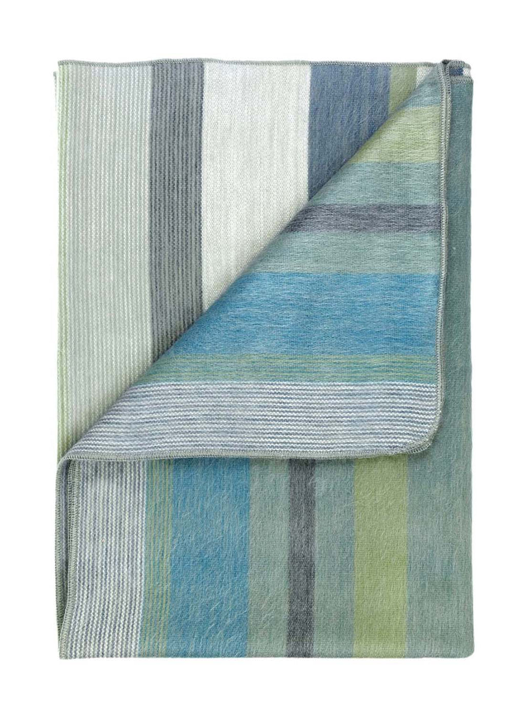 Blue alpaca throw blanket in Lotus with sage green and cream, Shupaca