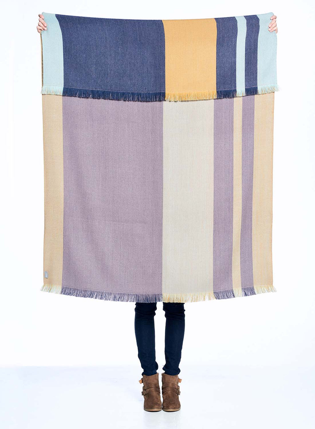 Indigo Gold alpaca reversible throw blanket with honey and oat, Shupaca