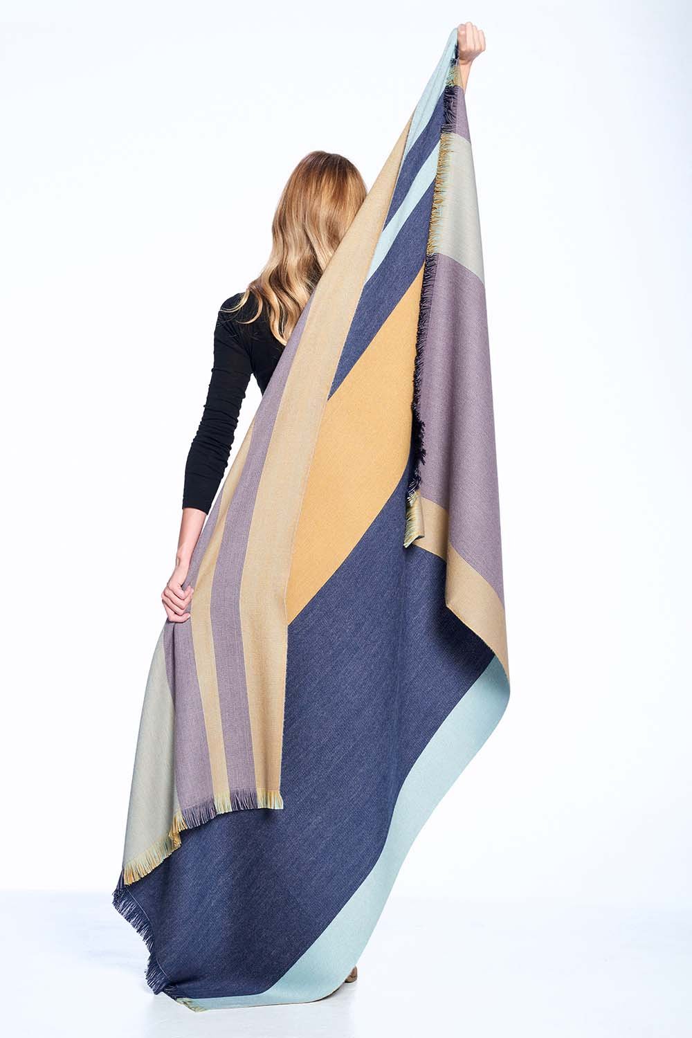 Indigo Gold alpaca reversible throw blanket with honey and oat, Shupaca
