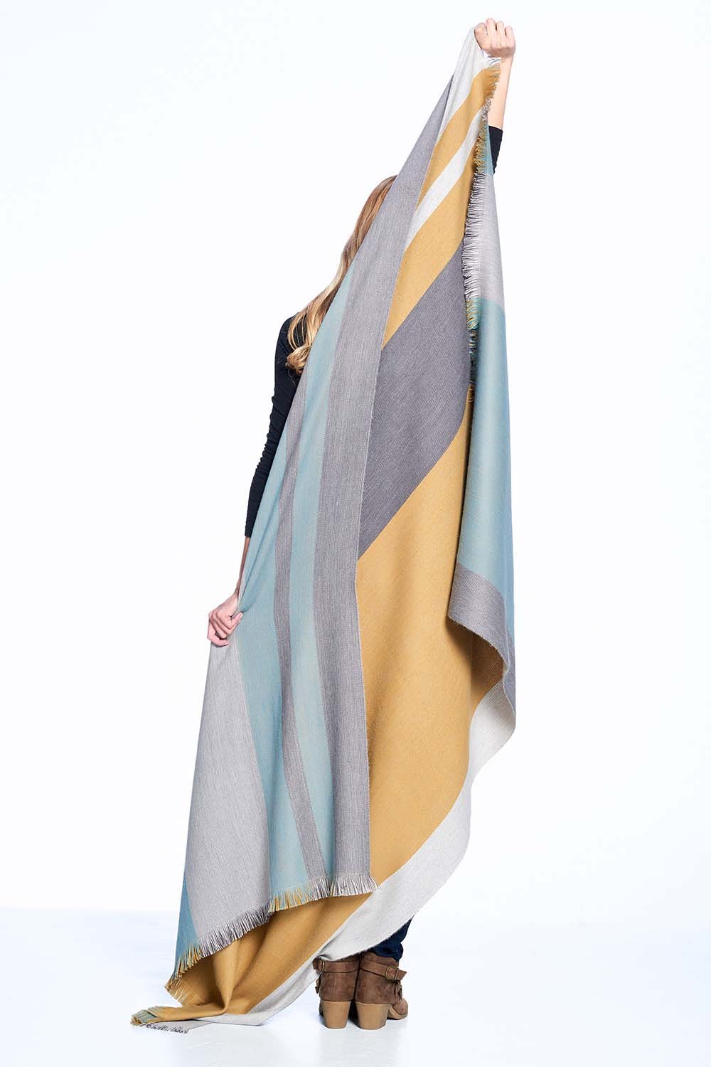 Mustard Weed alpaca reversible throw blanket with slate and pale aqua, Shupaca